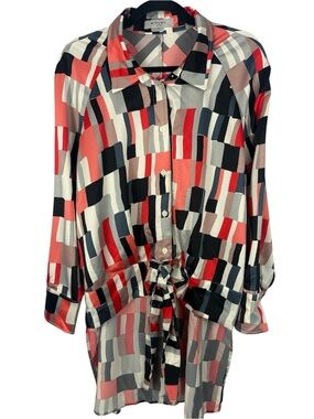 Bailey Brighton Inc Geometric Abstract Tie Front High Low Tunic Blouse Shirt XL